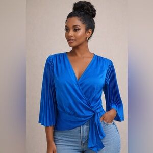 Royal Blue Pleated Sleeve Wrap Blouse NWT